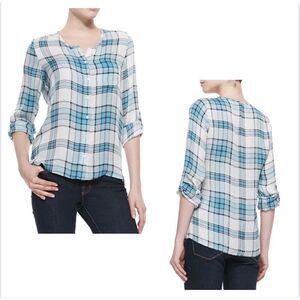 Joie Blue Multi Color Plaid Silk Shirt Medium Button Up Roll Tab Sleeves